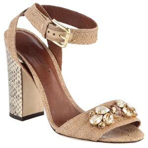 Dolce Gabbana Raffia Snakeskin Jeweled Block Heel Sandals Designer EU 40 US 10